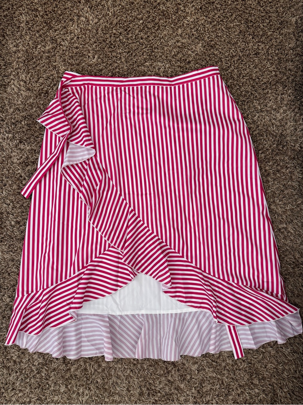 Pink Striped Ruffle Wrap Midi Skirt